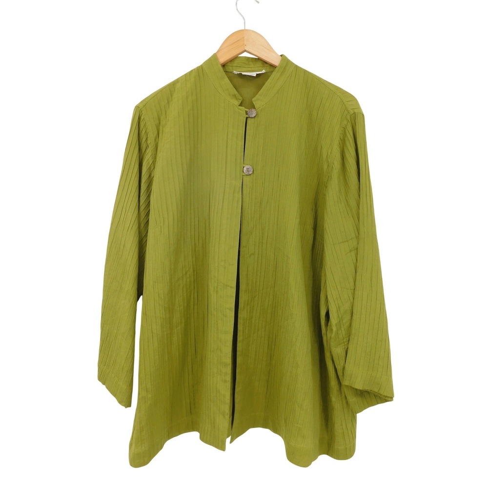 Citron Santa Monica Womens 0X Chartreuse Green Silk Cotton‎ Pleated Blouse Top